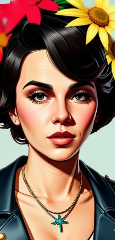 Digital portrait of a woman with flowers and black hair.