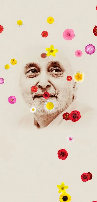 Floral portrait with colorful flowers on a beige background.