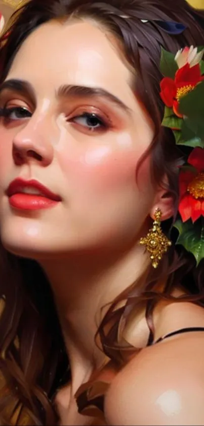 Floral portrait of a woman with red flowers and elegant jewelry.