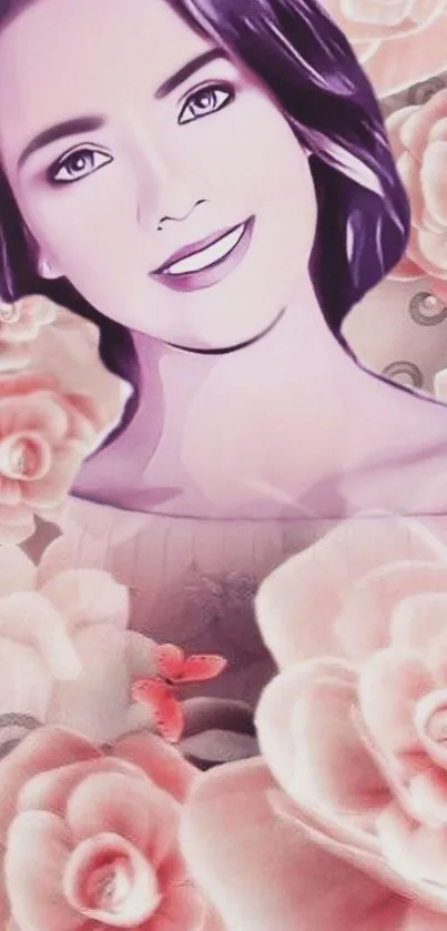 Stylized portrait with pink flowers on wallpaper.