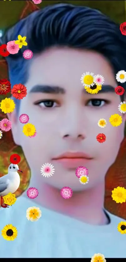 Floral portrait wallpaper with flowers and a seagull.