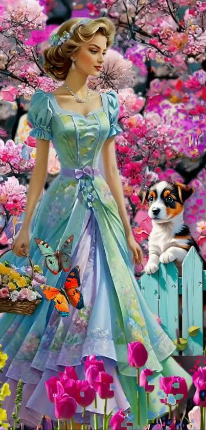 Princess in floral landscape with puppy and butterflies.