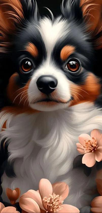 A cute dog with flowers, beautifully illustrated.