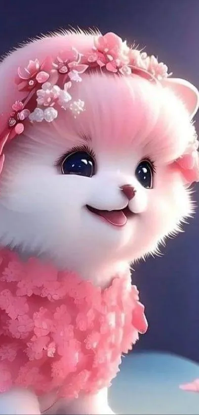 Fluffy puppy in pink floral attire under soft light.