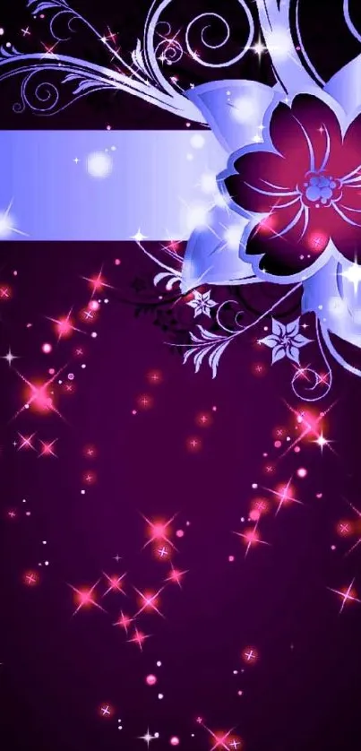 Purple floral wallpaper with sparkles and elegant design.