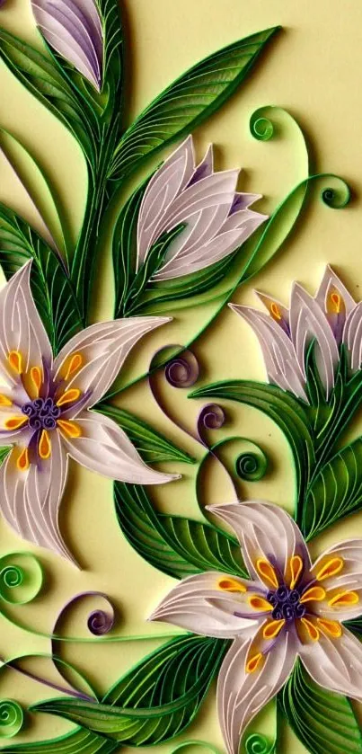 Intricate floral quilling art with green leaves and flowers on mobile wallpaper.