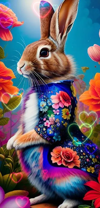 Fantasy art wallpaper of a rabbit with flowers.