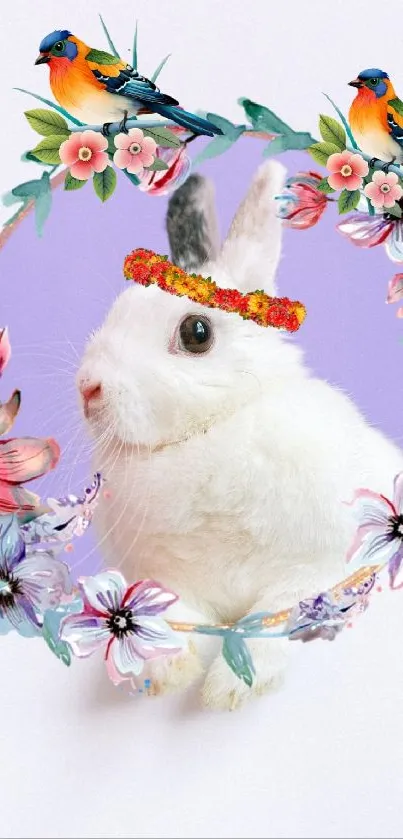 White rabbit with floral crown and birds on lavender background.