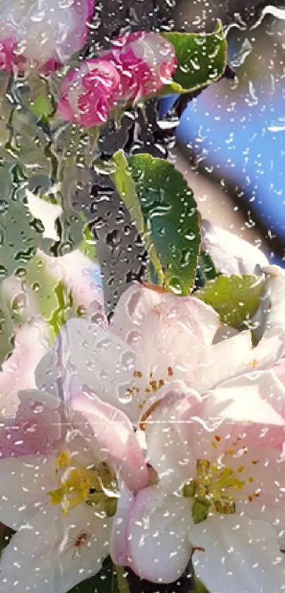 Pink and white flowers with raindrops against a blue sky background.