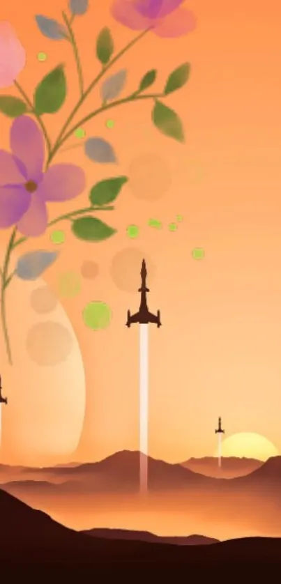 Wallpaper with flowers, rockets, and a sunset in an orange sky.