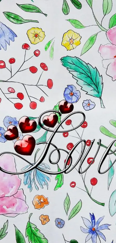 Colorful floral wallpaper with love script and hearts.