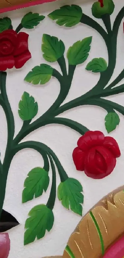 Vibrant floral rose wallpaper with red roses and green leaves.