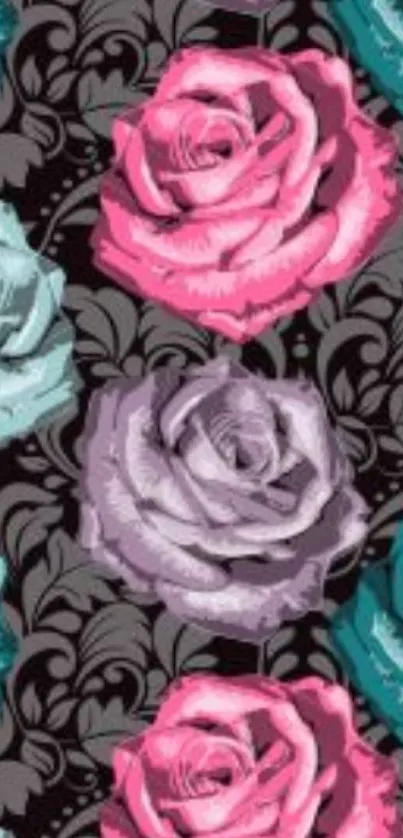 Colorful floral wallpaper with pink, blue, and purple roses on a dark background.