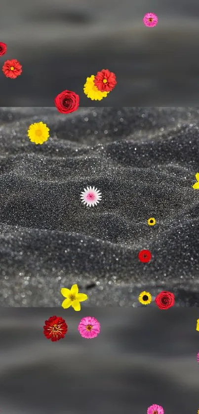 Vibrant flowers scattered on dark sand background.