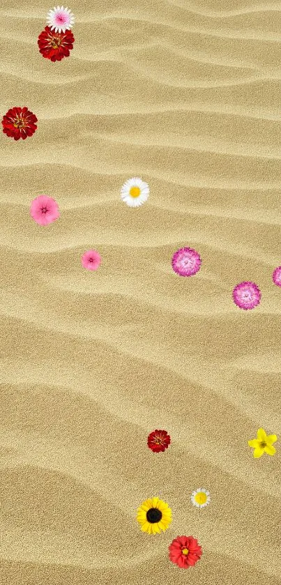 Colorful flowers scattered on sandy dunes mobile wallpaper.