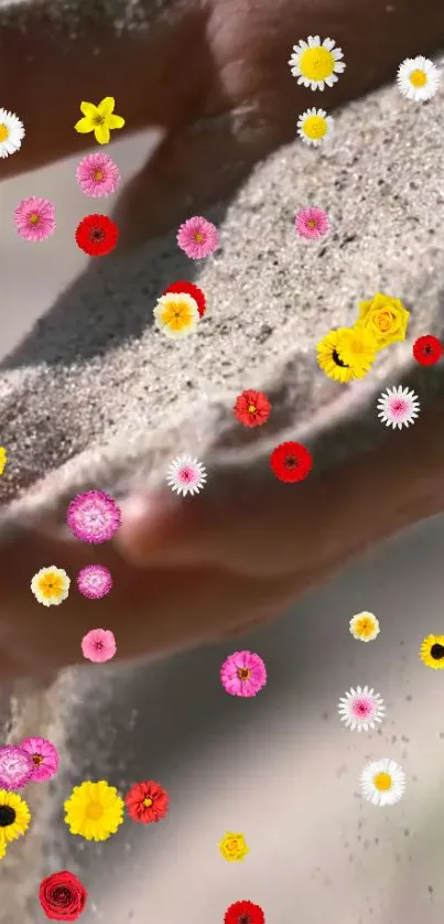 Mobile wallpaper with colorful flowers over sand in a hand.