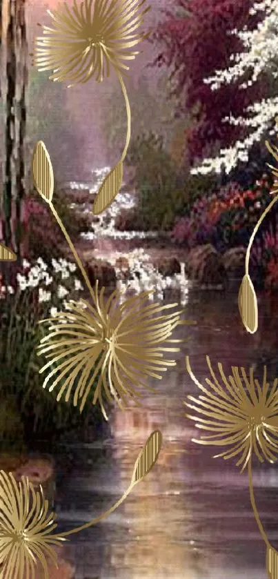 Golden floral art over serene landscape wallpaper.