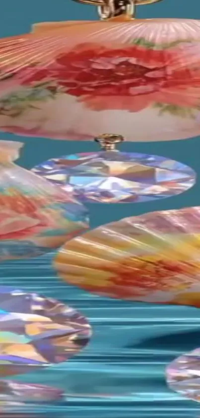 Floral seashells and crystal gems on blue background.