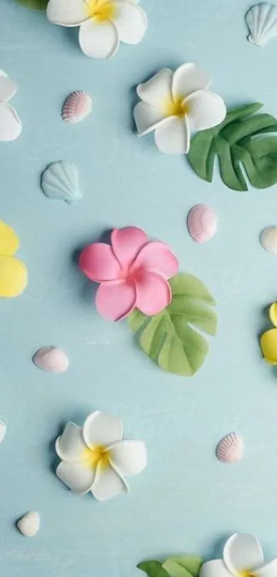 Tropical flowers and seashells on light blue wallpaper.