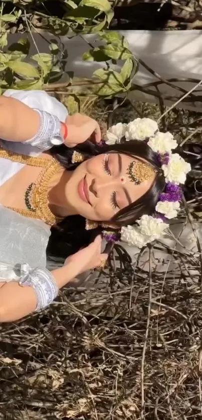 Woman in traditional outfit with flower crown against natural background.
