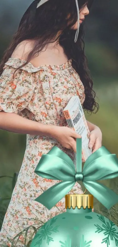 Woman in floral dress holding a book in nature, with holiday ornament embellishment.