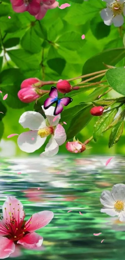 Floral phone wallpaper with green leaves and water reflection.