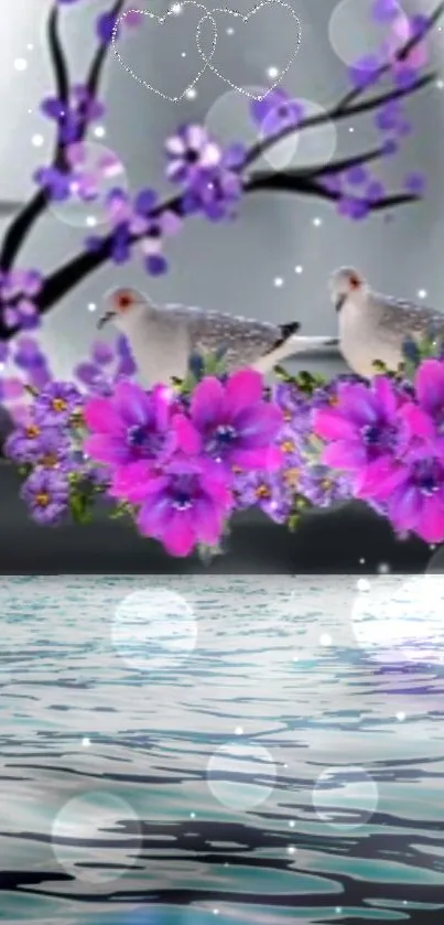 Serene wallpaper with doves and purple flowers over water.