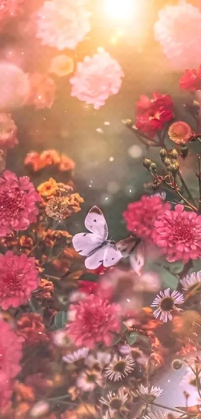 Beautiful pink floral wallpaper with butterfly in sunlight.