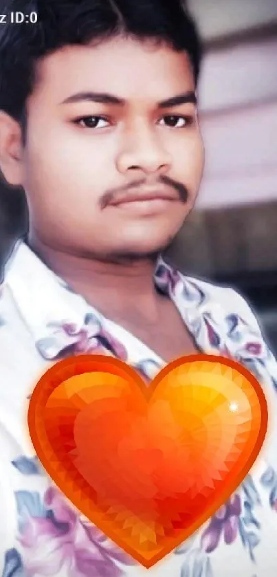 Young man in floral shirt with vibrant heart art.