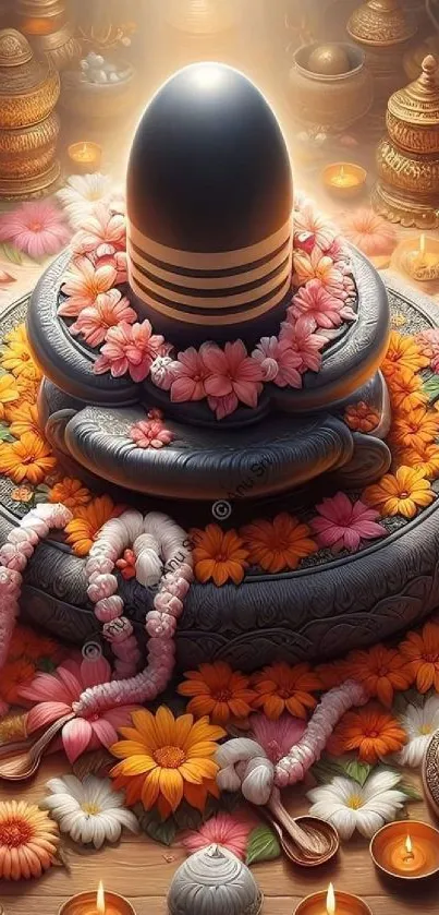 Colorful floral adorned Shiva Lingam with glowing lamps.