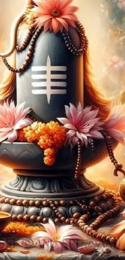 Vibrant Shivling with flowers on a serene background mobile wallpaper.