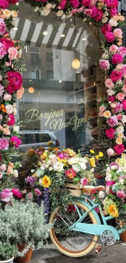 Floral shopfront with colorful flowers and bicycle.