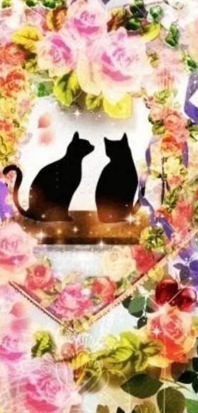 Silhouette of two cats with a floral heart frame.