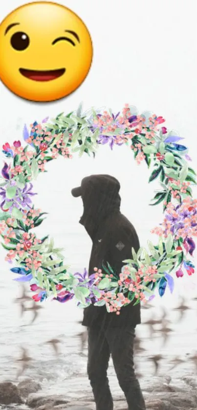 Silhouette with floral wreath and emoji on beach