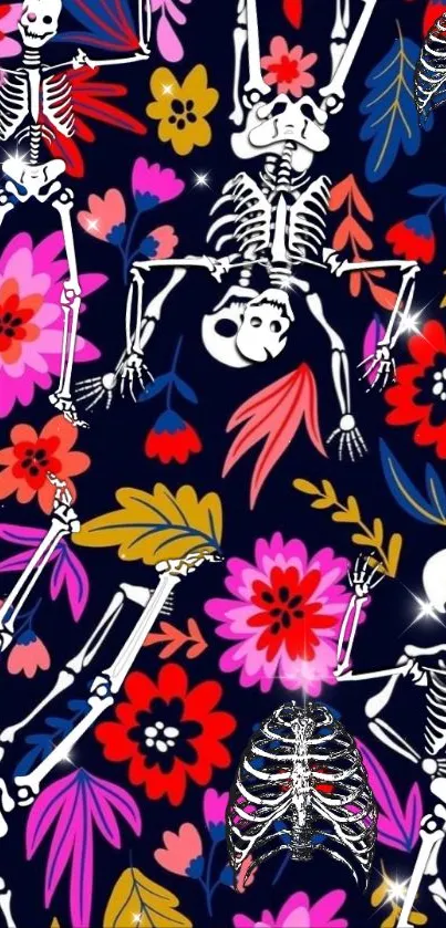 Skeletons and floral design wallpaper with vibrant colors on a navy blue background.