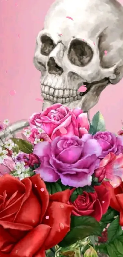 Skeleton adorned with vibrant roses on a pink background.