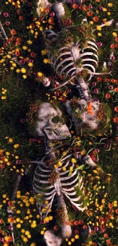 Skeletons entwined with vibrant flowers on dark green grass.