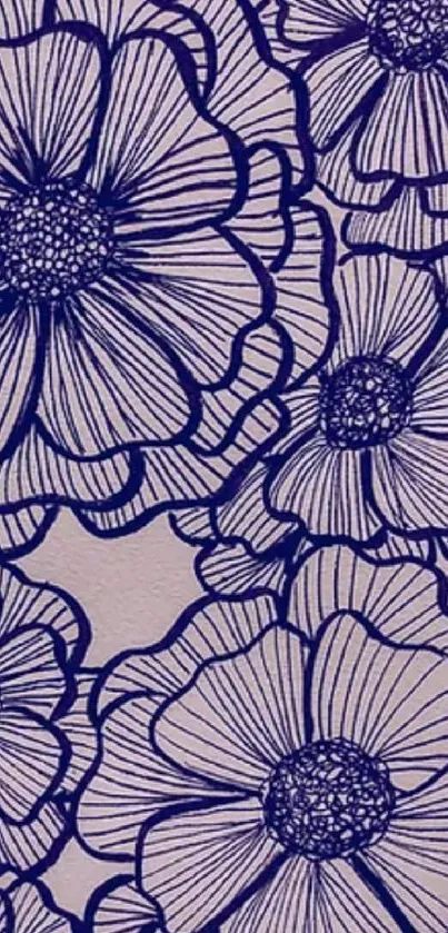 Hand-drawn navy floral sketch on lavender background wallpaper.