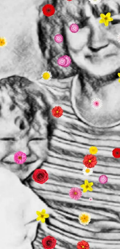 Black and white sketch with colorful flowers overlay.