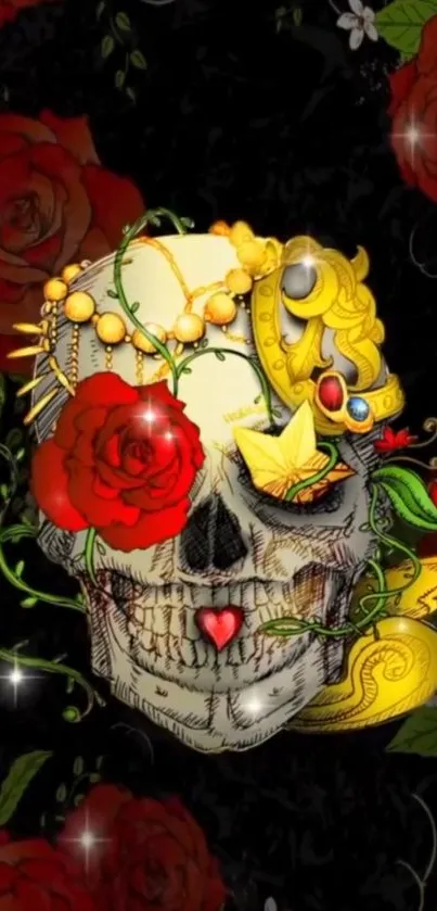 Intricate floral skull wallpaper with vibrant red roses and ornate details.