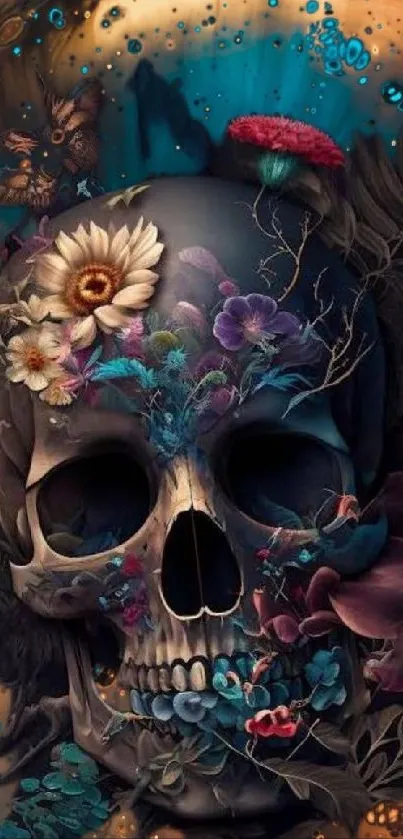 Dark floral skull wallpaper with intricate design.