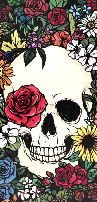 Artistic skull with vibrant flowers and detailed floral design.