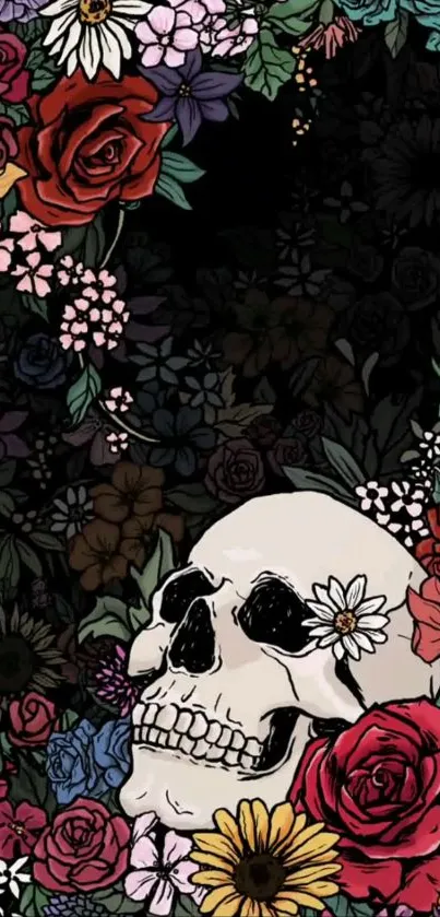 Floral skull wallpaper with vibrant flowers on a dark background.