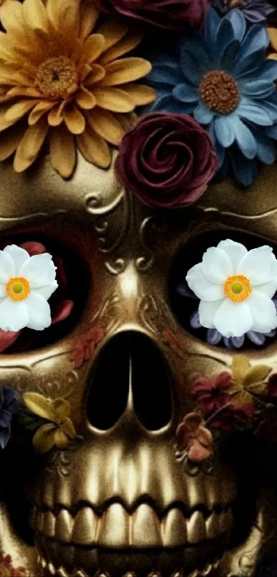 Golden skull with colorful floral decorations mobile wallpaper.