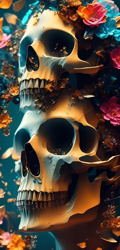 Artistic wallpaper featuring two skulls entwined with vibrant flowers.