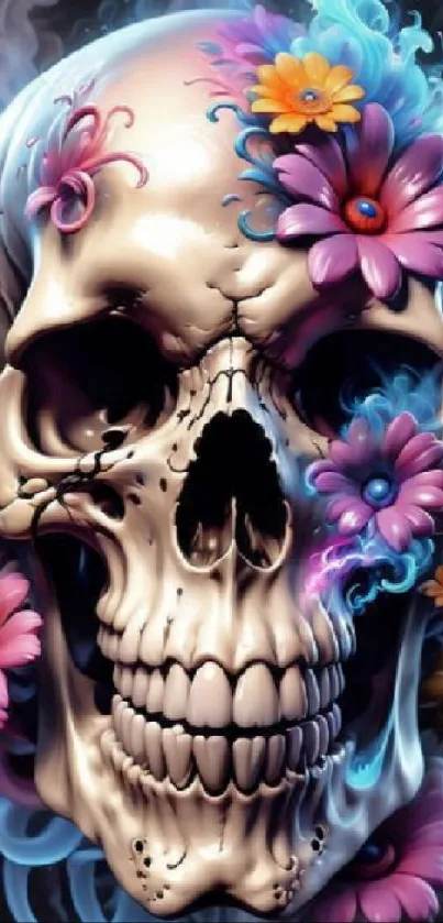 Vibrant skull with flowers in artistic design, perfect for mobile wallpaper.