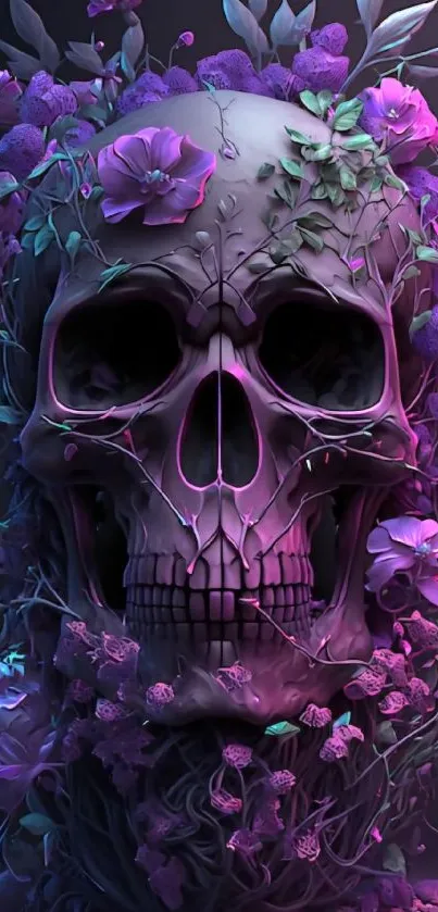 A skull covered in purple flowers and vines.