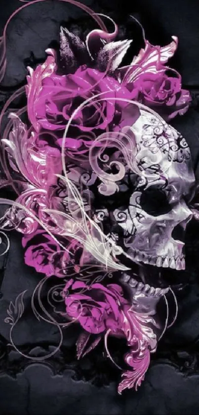 Dark skull with pink floral art on wallpaper.