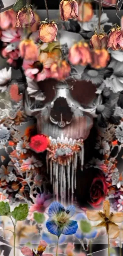 Black and floral skull with colorful flowers.