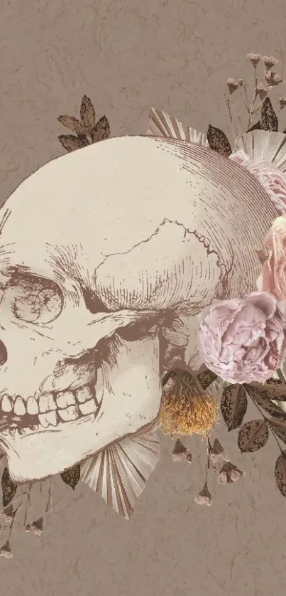 Floral skull art wallpaper with pink and brown hues, perfect for mobile devices.